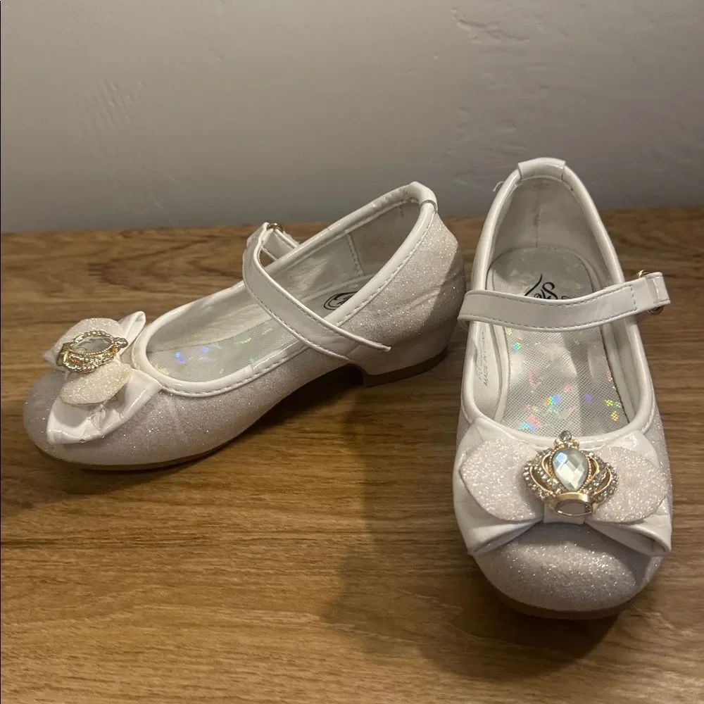 Stelle Flower Girl White Glittery Princess Crown Mary Jane Dress Shoes Size 10